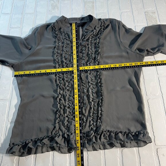 Norma Kamali Blouse Womens XXL Gray Sheer Button Down Ruffle Bib Whimsical - Picture 2 of 10